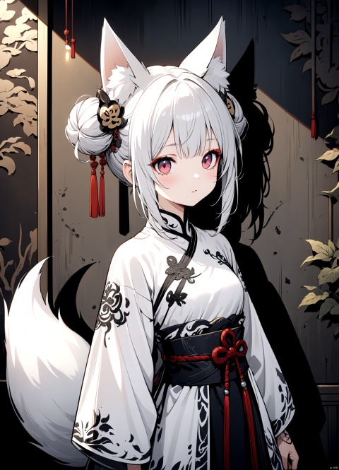 grunge style oriental fable style,, a cute girl with Chinese Peking opera style hair ornaments and delicate makeup, wearing traditional Chinese opera style dress, twin buns, fox ears, silver hairs, along with a white fox,
best quality, delicate details, highres, 8k wallpaper, delicate lighting and shadows,
textured, distressed, vintage, edgy, punk rock vibe, dirty, noisy