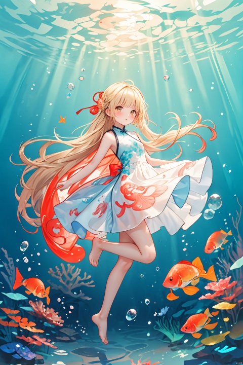  (masterpiece), (best quality),(illustration), ((chinese colorful ink)),wide shot, best quality, epic scenes, impactful visuals, 
1girl, solo, long hair, looking at viewer, blush, blonde hair, bow, brown eyes, very long hair, dress, underwater, barefoot, jellyfish, bubble, bangs, coral, bare legs, sleeveless, full body, air bubble, fish,