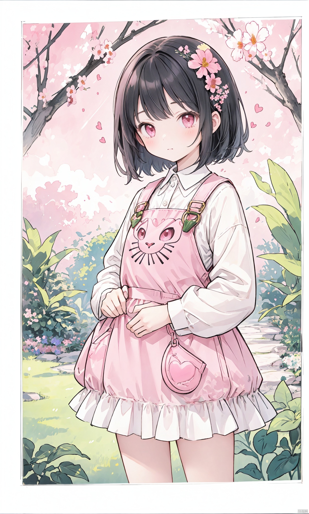 (Flat color: 1.2) The screen imitates the Gucci style, with a pink background and an overall non crowded image. A girl is surrounded by flowers and plants in the flower bushes, dressed in a wave shirt, without a headdress, and with short black hair; The screen content presents many types of flowers in the spring outdoor natural garden (with more and smaller flowers), and the picture quality is soft and clear; Pink Panther, Heart shaped