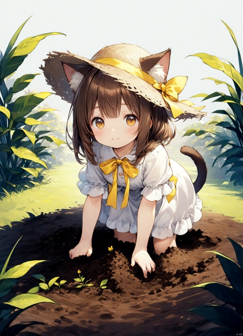 A cute little girl emerges from the soil, brown hairs, cat ears, wearing a small straw hat with a yellow ribbon bow as decoration