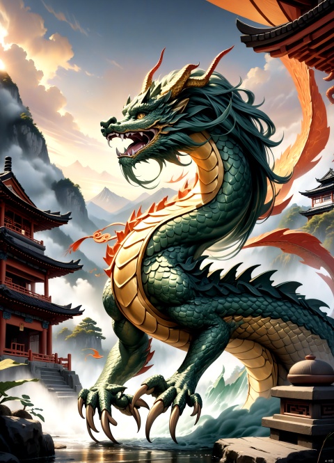 (best quality, 4k, 8k, highres, masterpiece:1.2), ultra-detailed, (realistic, photorealistic, photo-realistic:1.37), Chinese dragon, traditional Chinese painting, dragon scales, flowing long mane, detailed colorful eyes and snout, serpentine body, sharp claws and talons, coils around ancient pagoda, richly decorated with gold and red patterns, emits radiant golden light, wisps of smoke curling from nostrils, majestic backdrop of mist-covered mountains, swirling clouds in the sky, legendary creature of power and wisdom, jade-green scales shimmering in the sunlight, expressive and fierce sculpted expression, cultural symbol of strength and good fortune, imposing presence dominates the landscape, traditional brush strokes, exquisite attention to detail, lively and dynamic brushwork, black ink washes, traditional Chinese calligraphy strokes, traditional Chinese color palette, elegant and fluid movements, triumphant and graceful pose, dragon's body filled with energy and vitality, scene bathed in warm golden hues, subtle color gradients and shading, sublime lighting effects, ethereal atmosphere and sense of mystery, fantasy and mythical elements merging with reality.loong