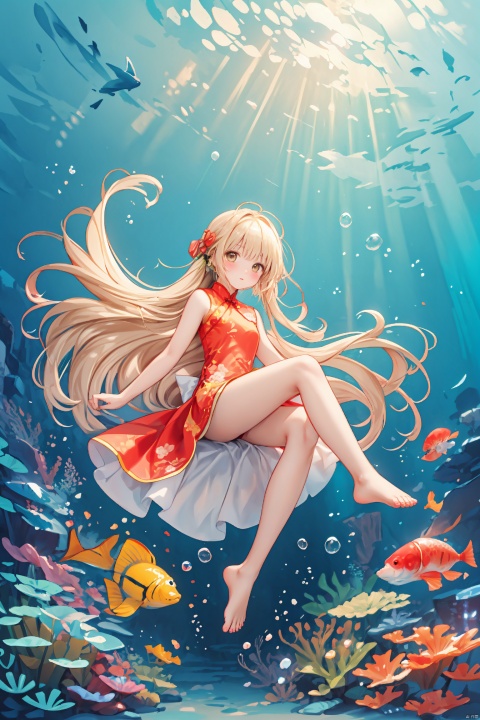  (masterpiece), (best quality),(illustration), ((chinese colorful ink)),wide shot, best quality, epic scenes, impactful visuals, 
1girl, solo, long hair, looking at viewer, blush, blonde hair, bow, brown eyes, very long hair, dress, underwater, barefoot, jellyfish, bubble, bangs, coral, bare legs, sleeveless, full body, air bubble, fish,