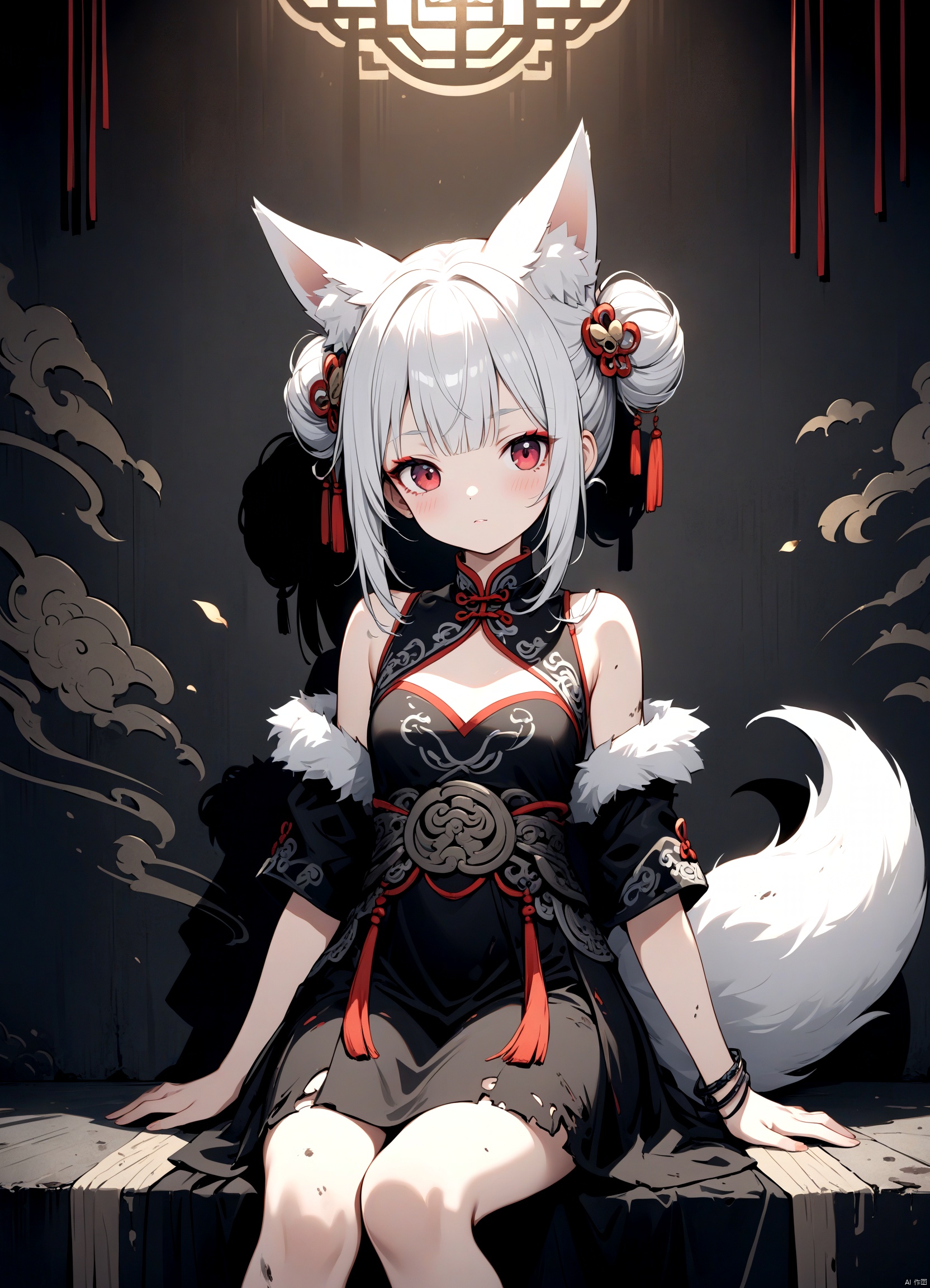 grunge style oriental fable style,, a cute girl with Chinese Peking opera style hair ornaments and delicate makeup, wearing traditional Chinese opera style dress, twin buns, fox ears, silver hairs, along with a white fox,
best quality, delicate details, highres, 8k wallpaper, delicate lighting and shadows,
textured, distressed, vintage, edgy, punk rock vibe, dirty, noisy