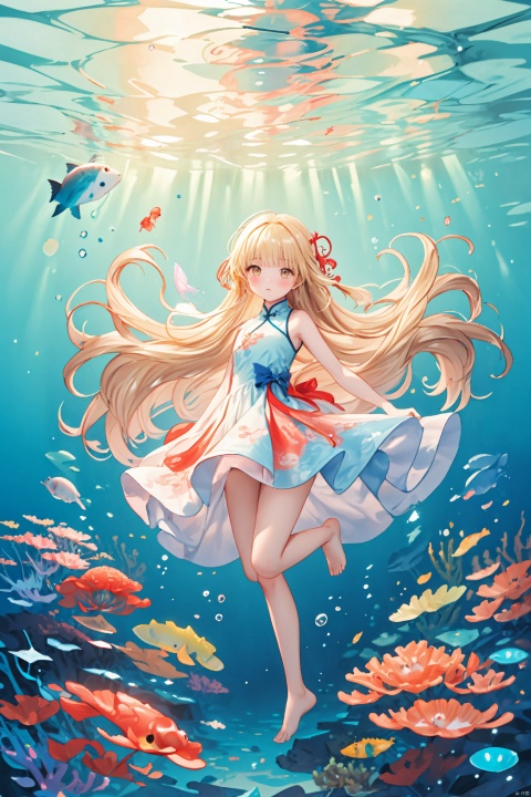  (masterpiece), (best quality),(illustration), ((chinese colorful ink)),wide shot, best quality, epic scenes, impactful visuals, 
1girl, solo, long hair, looking at viewer, blush, blonde hair, bow, brown eyes, very long hair, dress, underwater, barefoot, jellyfish, bubble, bangs, coral, bare legs, sleeveless, full body, air bubble, fish,