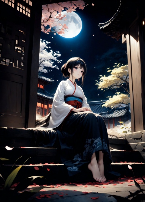  a chinese female ,30years old, sitting at steps of door, looking at moon in the sky, black eyes,wearing hanfu,gloom (expression) ,from below,detailed face,chinese ancient house background,petals and leaves on ground,cool tone,night, ethereal atmosphere, evocative hues, captivating coloration, dramatic lighting, enchanting aura, masterpiece, best quality, epic cinematic, soft nature lights, rim light, amazing, hyper detailed, ultra realistic, soft colors, photorealistic, Ray tracing, Cinematic Light, light source contrast,black and white ink painting , traditional chinese ink painting,willow branches,willow tree in background, ananmo