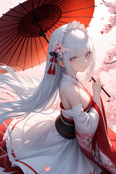  Masterpiece, best quality, long hair, blue eyes, smile, antique, hold, headdress, ruffled dress,separated sleeves, cherry blossom, reflection, japanese_umbrella, fazhen, Hanama wine, backlight