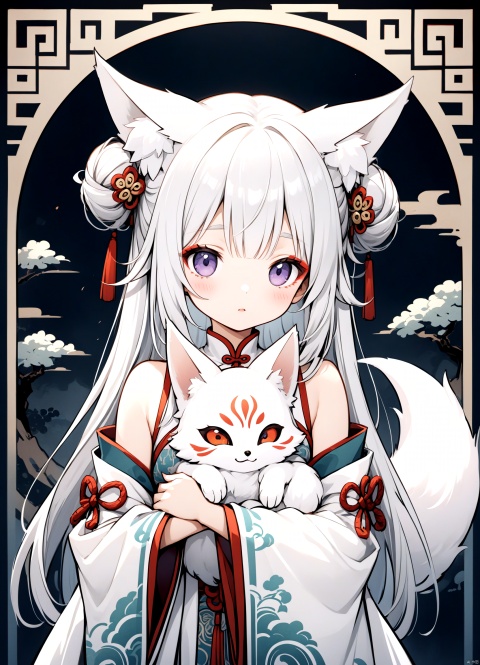 grunge style ,oriental fable style, ghost story, a cute girl with Chinese Peking opera style hair ornaments and delicate makeup, wearing traditional Chinese opera style dress, twin buns, fox ears, silver hairs, hugging a white fox,