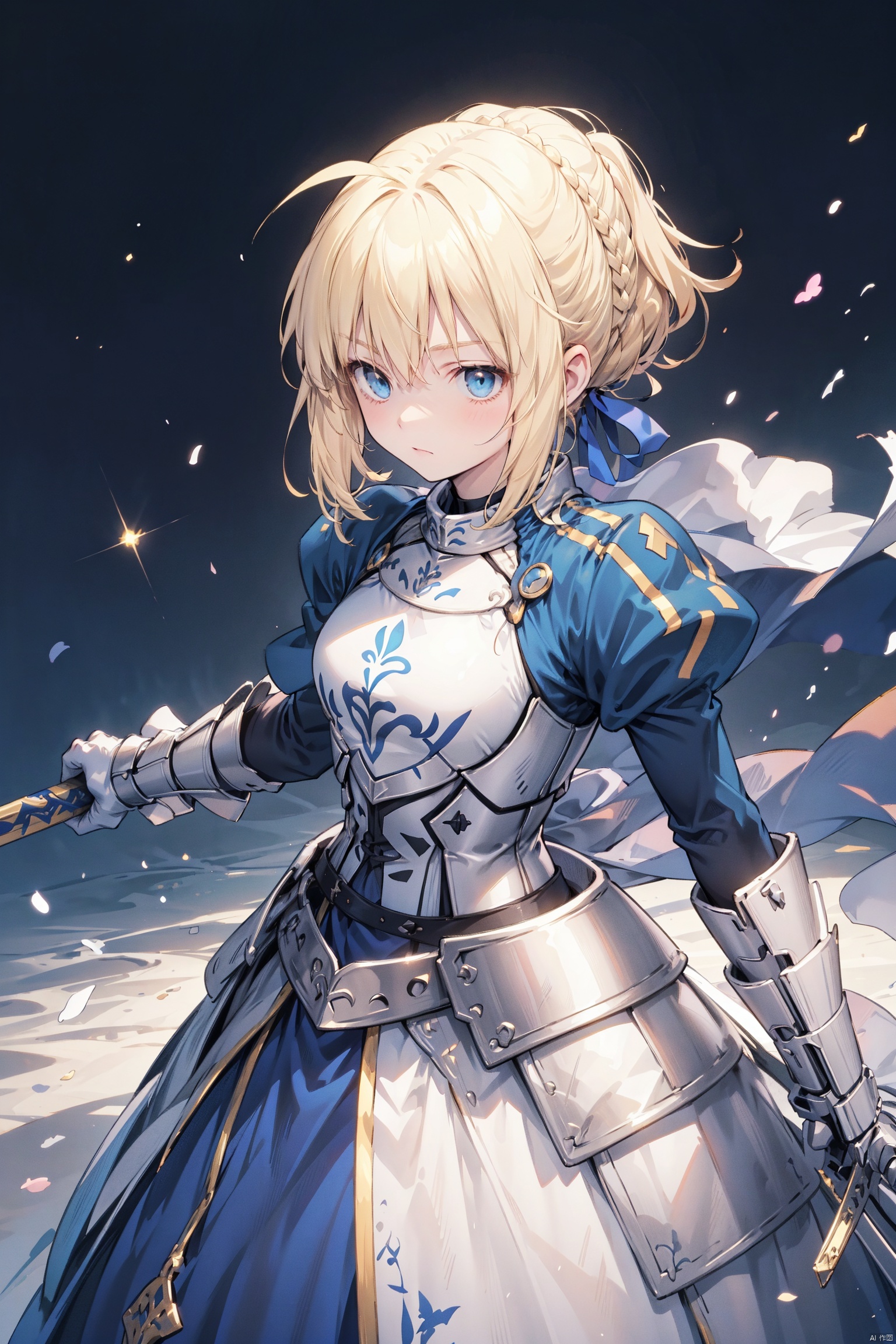 Artoria Pendragon, the female protagonist of Fate/Stay Night, is depicted in a powerful armor and wielding the Excalibur. Her blonde hair is pulled back into a tight braid.She appears focused and determined, ready to take on any challenge that comes her way., phSaber