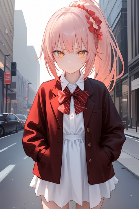  1petite loli, solo.pink hair, yellow eyes, hair flower, fipped hair, (red Jacket), high ponytail, white collared shirt, black dress, red bowtie;Frown, looking at viewer, hands in pockets, standing.