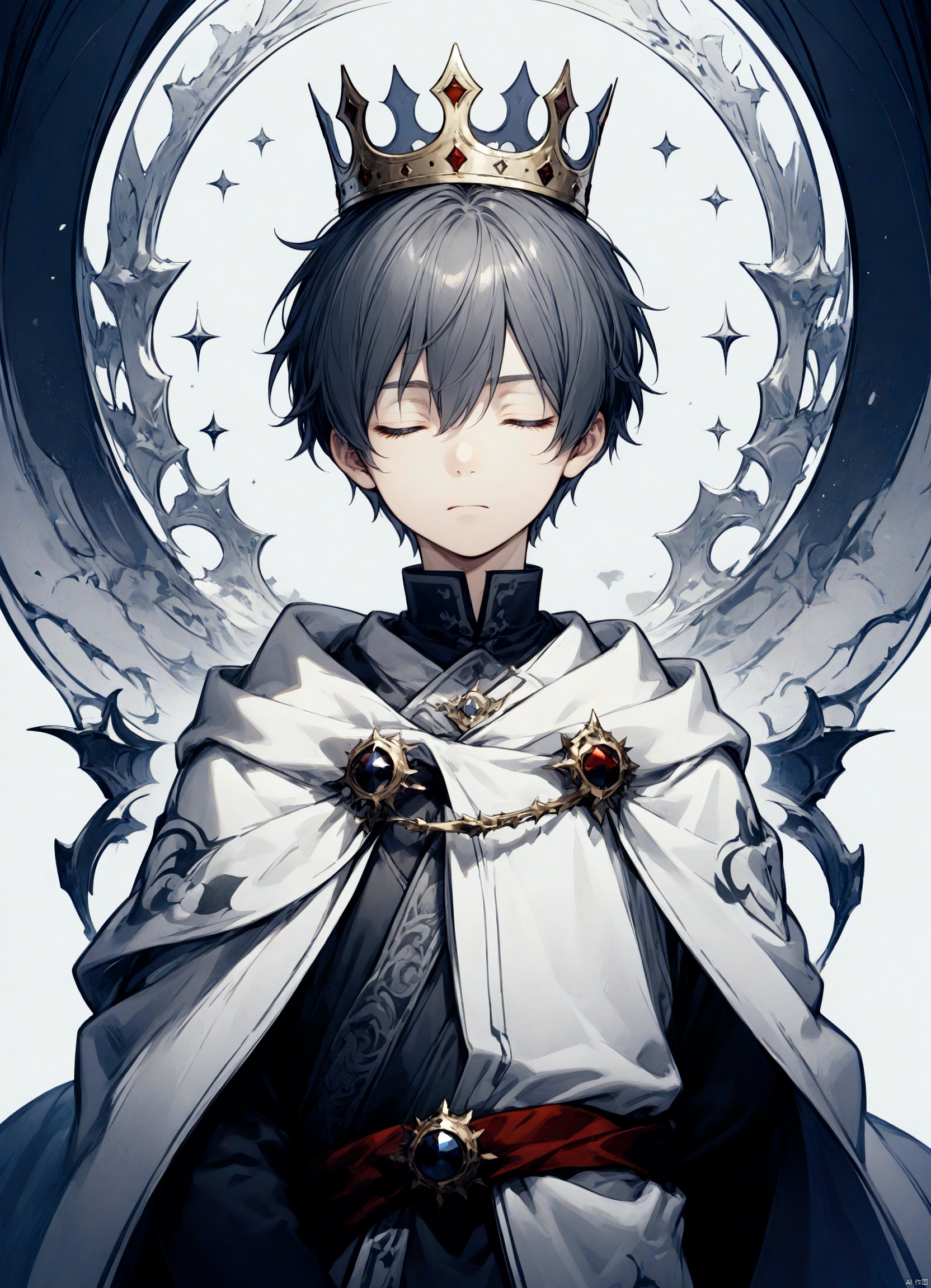 a young male character with short hair,wearing a collared shirt and a cloak. He is holding a crown,which is the focal point of the image. The character appears contemplative or in deep thought,with his eyes closed. The background is plain white,ensuring that the viewer's attention is drawn solely to the character and the crown. The artwork is in grayscale,emphasizing the contrast between the character's attire and the background.,