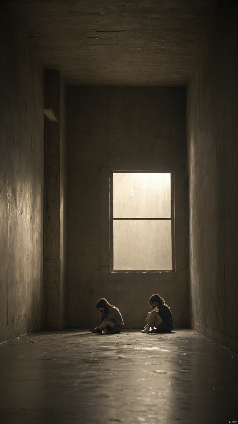  A girl with a melancholic expression sits on the floor of a sparse, dimly lit room. She is casually dressed, with a dark jacket and shorts, her hair falling over her face in a relaxed manner. Two small windows let in a faint light, creating a moody and introspective atmosphere. The walls are bare and textured, suggesting an abandoned or forgotten space. The overall tone of the image is one of solitude and contemplation, with a cinematic quality that emphasizes the emotional state of the subject, best quality, ultra highres, original, extremely detailed, perfect lighting.