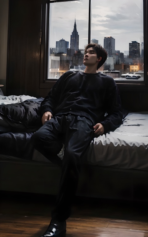 Rainy Night, LONG SHOT,A spacious bedroom,A man was lying in bed sleeping,lie in bed, and the city outside the window was raining,Handsome male, night, male focus, black sweater, long pants, sweaters, realistic , simple background, brown hair, earrings, virgo, Dark Style, bedroom design, white leggings