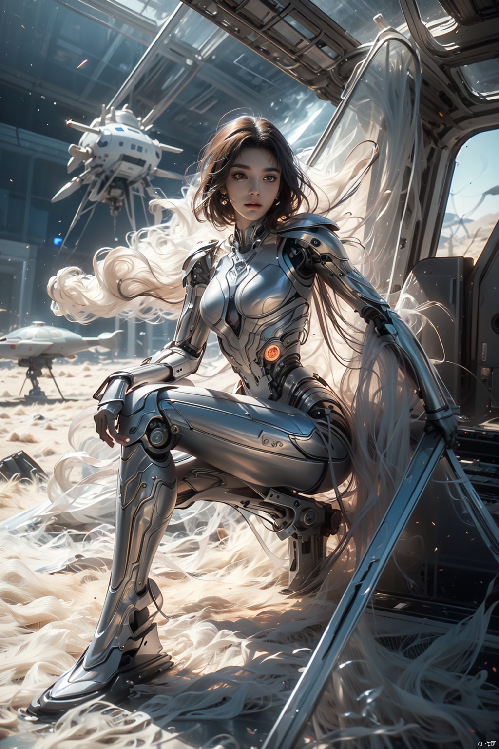  Jean Giraud ((Moebius style)), full body Portrait of a female cyborg in a dramatic pose, background Desert with a ((crashed spaceship)) emitting smoke, perfect detailed eyes, athletic body, intricate facial details, highly detailed, line ink illustration,highly detailed, ink sketch,ink Draw,Comic Book-Style 2d,2d, pastel colors