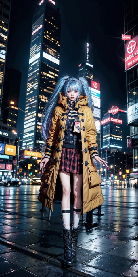  SSX,1girl,solo,skirt,long hair,twintails,coat,yellow coat,boots,blue hair,blue eyes,multicolored hair,socks,black footwear,looking at viewer,gradient hair,plaid skirt,pink hair,open coat,plaid,night,city,neon lights,building,scenery,outdoors,skyscraper,city lights,reflection,sky,cityscape,night sky,real world location,, (raw photo:1.2),((photorealistic:1.4))best quality,masterpiece,illustration,an extremely delicate and beautiful,extremely detailed,CG,unity,8k wallpaper,Amazing,finely detail,masterpiece,best quality,official art,extremely detailed CG unity 8k wallpaper,absurdres,incredibly absurdres,huge filesize,ultra-detailed,highres,extremely detailed,beautiful detailed girl,cinematic lighting,1girl,pale skin,tall female,(perfect body shape),skinny body,Slender legs,