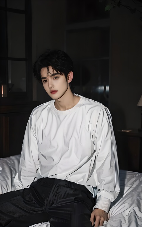 Rainy Night, Medium shot,A spacious bedroom,A man was lying in bed sleeping,lie in bed, and the city outside the window was raining,Handsome male, night, male focus, black sweater, long pants, sweaters, realistic , simple background, brown hair, earrings, virgo, Dark Style