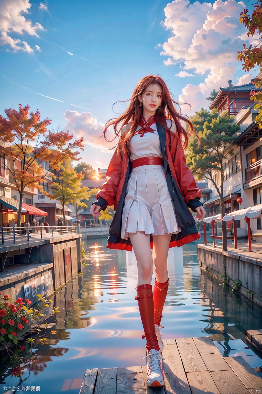  1 Girl, solo, red hair, blue eyes, glowing, glowing eyes,
Perfect body, pretty face with details, whole body, shoes, long eye browses, big, cut eyes, movie lights, Movie lights, strong contrast, high level of detail, best quality, masterpiece, white background, Chinese style, midjournal portal, lake surface, small boat, fallen leaves, autumn, military coat, sunset, sunset, sunset, red clouds, reflection, wangyushan