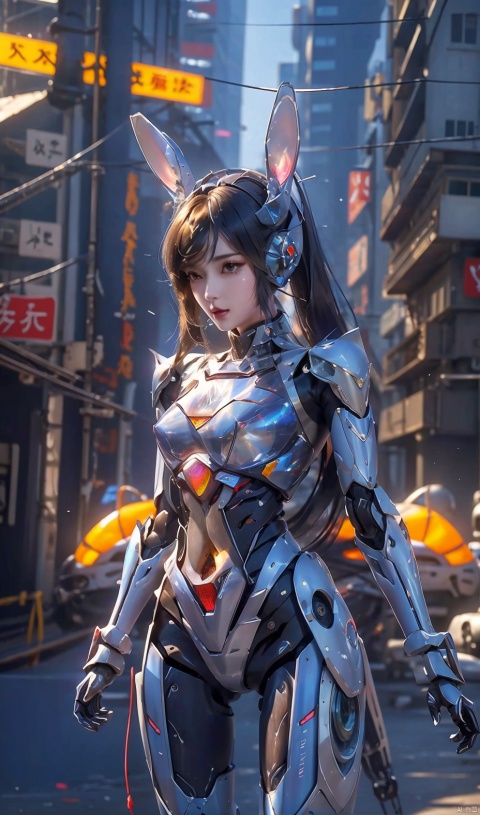  (Masterpiece, best picture quality), Cyberpunk, girl, rabbit ears,((metal and transparent shell | splicing robot)), transparent belly:1.1, metal spine:1.2, ircraft background, dynamic,perspective, xiaowu, 1 girl, asuo, Mech Combat Vehicle, WLJZ, robot, Super perspective, mecha