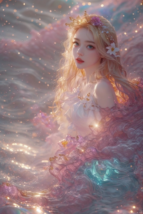  Illustrative style,1girl,front view,full body:1.4,young woman elf,cute cartoon character,She wore a garland of flowers on her head,Long blonde hair,blue eyes,vibrant colors,colorful,cute,adorable,intricately-detailed,delicate,beautiful,stunning,breathtaking,intricate detail,insanely high detail,volumetric lighting,fantasy background.flat,best quality,TT seecolor Flower field, Rainbow foil, hologram girl, Mermaid, eluosi