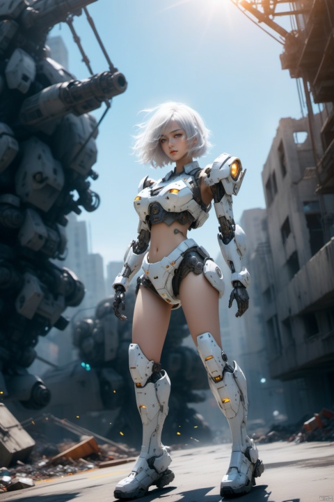  Real, photo, masterpiece, best quality, beautiful girl, big breasts, flowing luminous liquid, sunlight outgoing, floating luminous particles, white hair, futuristic battle suit, steel mecha, cyberpunk with sci-fi background, ruins, wasteland city, mechanical,Mecha
