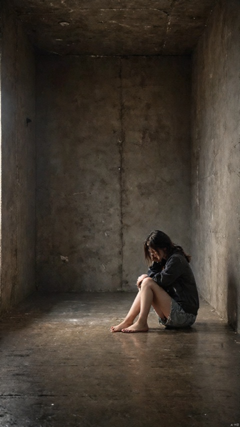  A girl with a melancholic expression sits on the floor of a sparse, dimly lit room. She is casually dressed, with a dark jacket and shorts, her hair falling over her face in a relaxed manner. Two small windows let in a faint light, creating a moody and introspective atmosphere. The walls are bare and textured, suggesting an abandoned or forgotten space. The overall tone of the image is one of solitude and contemplation, with a cinematic quality that emphasizes the emotional state of the subject, best quality, ultra highres, original, extremely detailed, perfect lighting.