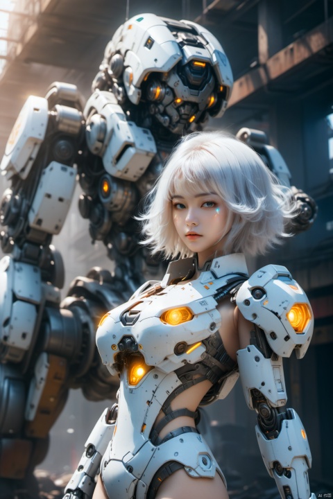  Real, photo, masterpiece, best quality, beautiful girl, big breasts, flowing luminous liquid, sunlight outgoing, floating luminous particles, white hair, futuristic battle suit, steel mecha, cyberpunk with sci-fi background, ruins, wasteland city, mechanical,Mecha