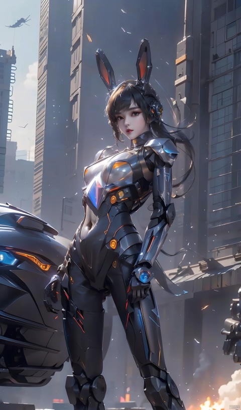  (Masterpiece, best picture quality), Cyberpunk, girl, rabbit ears,((metal and transparent shell | splicing robot)), transparent belly:1.1, metal spine:1.2, ircraft background, dynamic,perspective, xiaowu, 1 girl, asuo, Mech Combat Vehicle