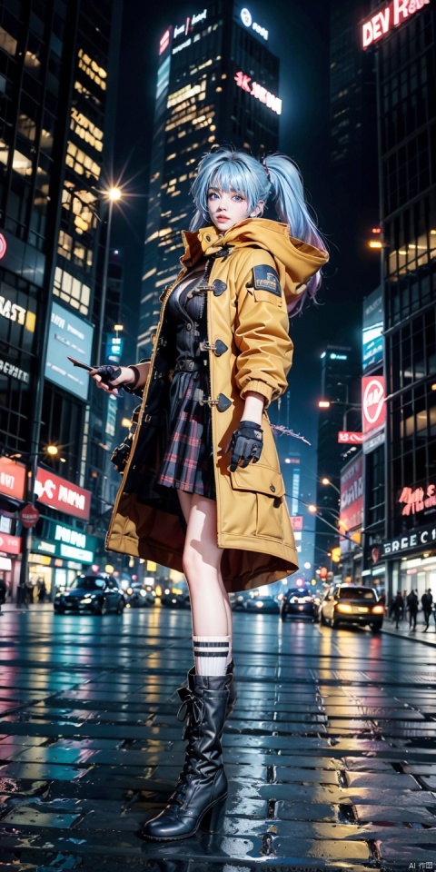  SSX,1girl,solo,skirt,long hair,twintails,coat,yellow coat,boots,blue hair,blue eyes,multicolored hair,socks,black footwear,looking at viewer,gradient hair,plaid skirt,pink hair,open coat,plaid,night,city,neon lights,building,scenery,outdoors,skyscraper,city lights,reflection,sky,cityscape,night sky,real world location,, (raw photo:1.2),((photorealistic:1.4))best quality,masterpiece,illustration,an extremely delicate and beautiful,extremely detailed,CG,unity,8k wallpaper,Amazing,finely detail,masterpiece,best quality,official art,extremely detailed CG unity 8k wallpaper,absurdres,incredibly absurdres,huge filesize,ultra-detailed,highres,extremely detailed,beautiful detailed girl,cinematic lighting,1girl,pale skin,tall female,(perfect body shape),skinny body,Slender legs,