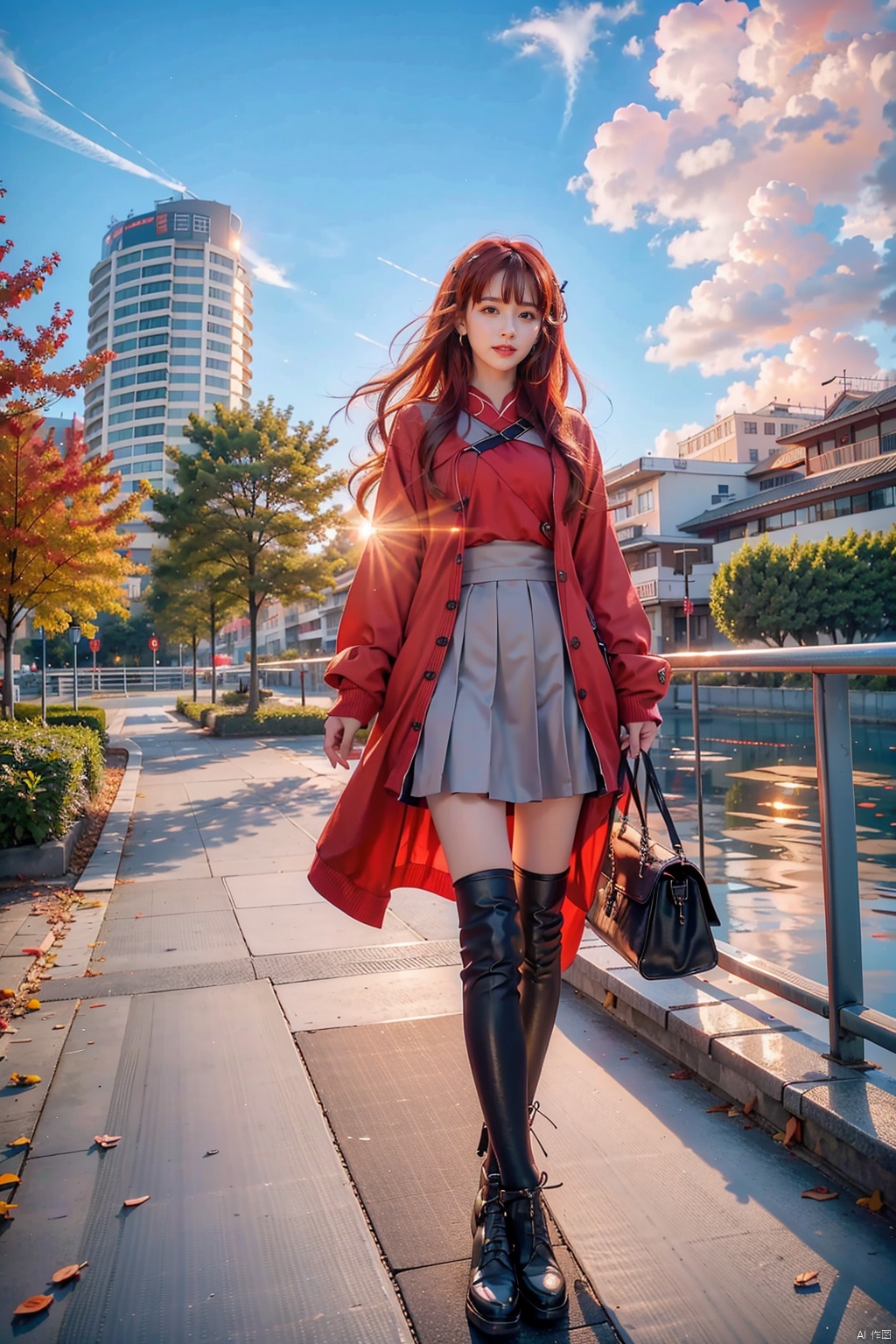  1 Girl, solo, red hair, blue eyes, glowing, glowing eyes,
Perfect body, pretty face with details, whole body, shoes, long eye browses, big, cut eyes, movie lights, Movie lights, strong contrast, high level of detail, best quality, masterpiece, white background, Chinese style, midjournal portal, lake surface, small boat, fallen leaves, autumn, military coat, sunset, sunset, sunset, red clouds, reflection, wangyushan