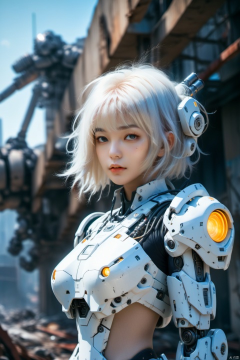  Real, photo, masterpiece, best quality, beautiful girl, big breasts, flowing luminous liquid, sunlight outgoing, floating luminous particles, white hair, futuristic battle suit, steel mecha, cyberpunk with sci-fi background, ruins, wasteland city, mechanical,Mecha