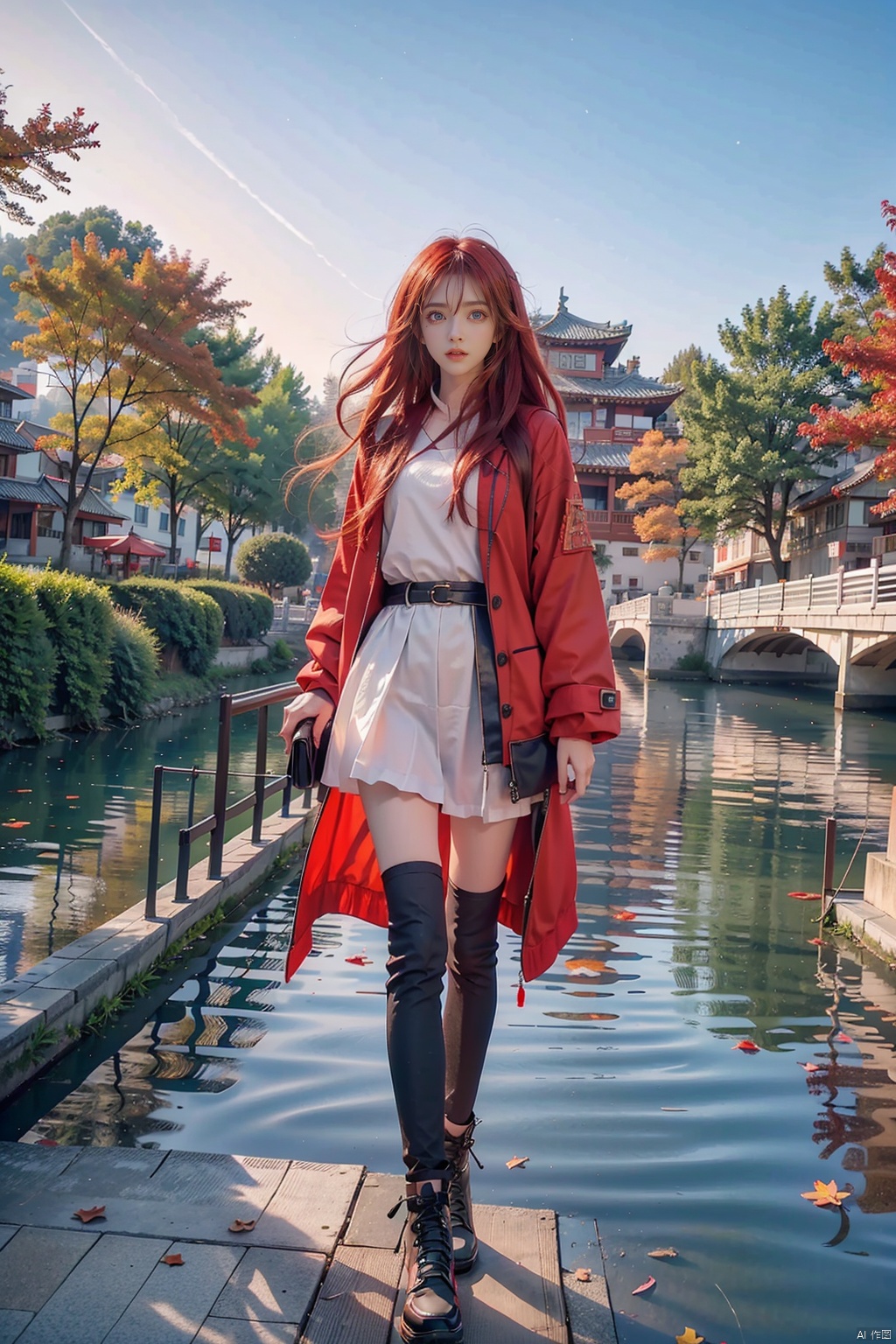  1 Girl, solo, red hair, blue eyes, glowing, glowing eyes,
Perfect body, pretty face with details, whole body, shoes, long eye browses, big, cut eyes, movie lights, Movie lights, strong contrast, high level of detail, best quality, masterpiece, white background, Chinese style, midjournal portal, lake surface, small boat, fallen leaves, autumn, military coat, sunset, sunset, sunset, red clouds, reflection, wangyushan