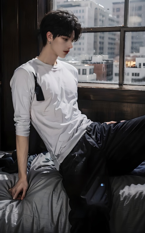 Rainy Night, LONG SHOT,A spacious bedroom,A man was lying in bed sleeping,lie in bed, and the city outside the window was raining,Handsome male, night, male focus, black sweater, long pants, sweaters, realistic , simple background, brown hair, earrings, virgo, Dark Style, bedroom design, white leggings