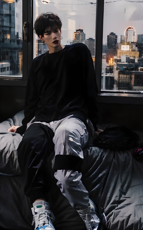 Rainy Night, Medium shot,A spacious bedroom,A man was lying in bed sleeping,lie in bed, and the city outside the window was raining,Handsome male, night, male focus, black sweater, long pants, sweaters, realistic , simple background, brown hair, earrings, virgo, Dark Style, bedroom design, white leggings