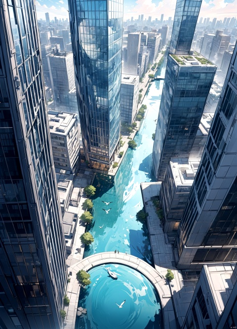  Bird's-eye view, high-definition, water surface, urban, commercial, tower, glass curtain wall, modern architecture