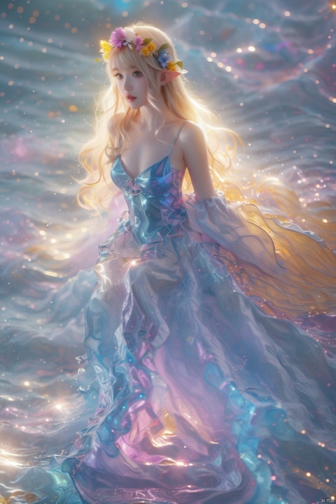  Illustrative style,1girl,front view,full body:1.4,young woman elf,cute cartoon character,She wore a garland of flowers on her head,Long blonde hair,blue eyes,vibrant colors,colorful,cute,adorable,intricately-detailed,delicate,beautiful,stunning,breathtaking,intricate detail,insanely high detail,volumetric lighting,fantasy background.flat,best quality,TT seecolor Flower field, Rainbow foil, hologram girl