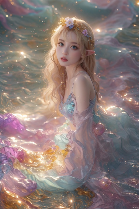  Illustrative style,1girl,front view,full body:1.4,young woman elf,cute cartoon character,She wore a garland of flowers on her head,Long blonde hair,blue eyes,vibrant colors,colorful,cute,adorable,intricately-detailed,delicate,beautiful,stunning,breathtaking,intricate detail,insanely high detail,volumetric lighting,fantasy background.flat,best quality,TT seecolor Flower field, Rainbow foil