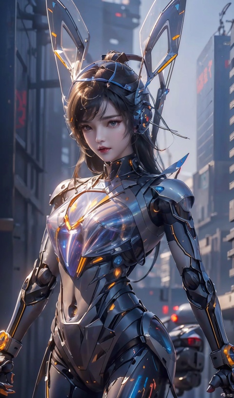  (Masterpiece, best picture quality), Cyberpunk, girl, rabbit ears,((metal and transparent shell | splicing robot)), transparent belly:1.1, metal spine:1.2, ircraft background, dynamic,perspective, xiaowu, 1 girl, asuo, Mech Combat Vehicle, WLJZ, robot