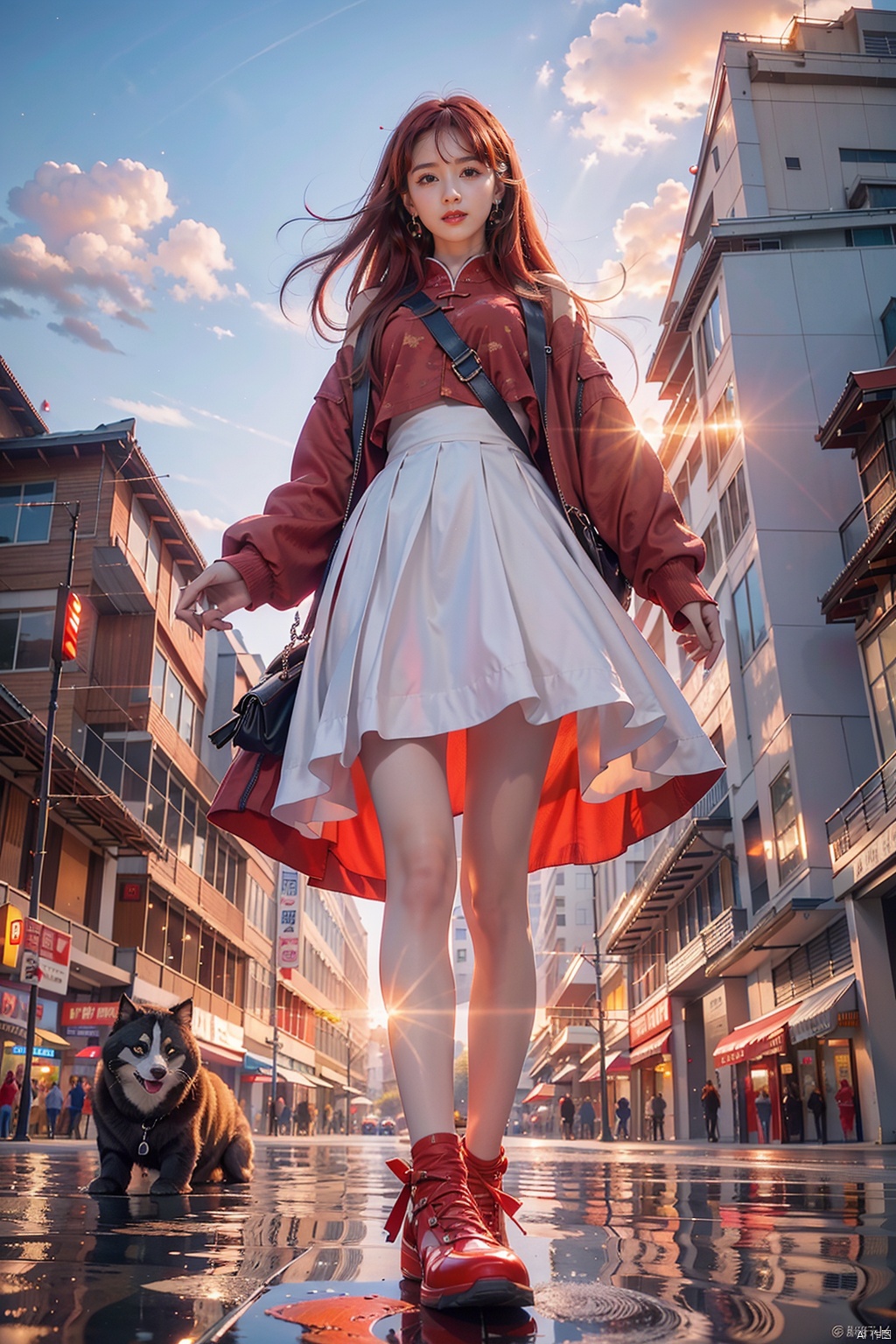  1 Girl, solo, red hair, blue eyes, glowing, glowing eyes,
Perfect body, pretty face with details, whole body, shoes, long eye browses, big, cut eyes, movie lights, Movie lights, strong contrast, high level of detail, best quality, masterpiece, white background, Chinese style, midjournal portal, lake surface, small boat, fallen leaves, autumn, military coat, sunset, sunset, sunset, red clouds, reflection, wangyushan