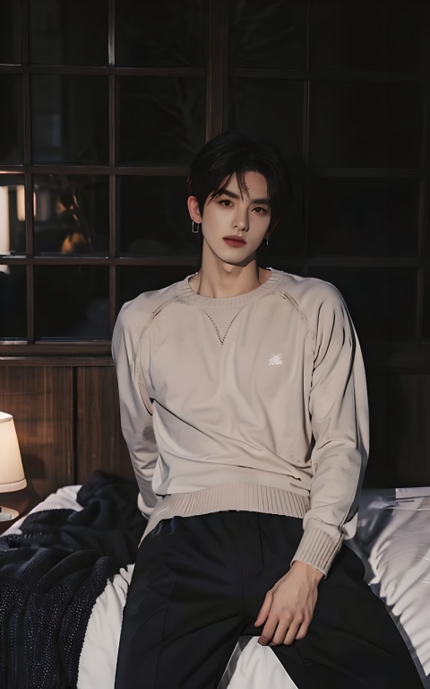 Rainy Night, Medium shot,A spacious bedroom,A man was lying in bed sleeping,lie in bed, and the city outside the window was raining,Handsome male, night, male focus, black sweater, long pants, sweaters, realistic , simple background, brown hair, earrings, virgo, Dark Style, bedroom design