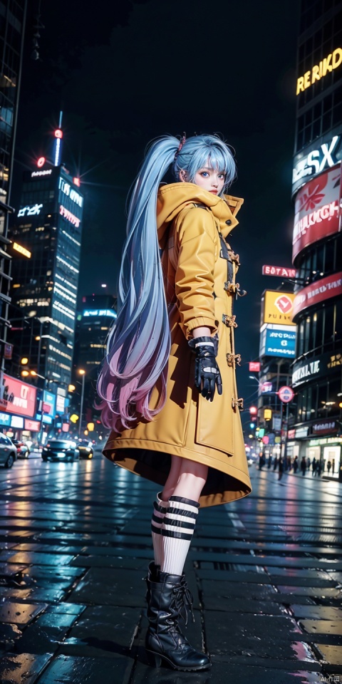  SSX,1girl,solo,skirt,long hair,twintails,coat,yellow coat,boots,blue hair,blue eyes,multicolored hair,socks,black footwear,looking at viewer,gradient hair,plaid skirt,pink hair,open coat,plaid,night,city,neon lights,building,scenery,outdoors,skyscraper,city lights,reflection,sky,cityscape,night sky,real world location,, (raw photo:1.2),((photorealistic:1.4))best quality,masterpiece,illustration,an extremely delicate and beautiful,extremely detailed,CG,unity,8k wallpaper,Amazing,finely detail,masterpiece,best quality,official art,extremely detailed CG unity 8k wallpaper,absurdres,incredibly absurdres,huge filesize,ultra-detailed,highres,extremely detailed,beautiful detailed girl,cinematic lighting,1girl,pale skin,tall female,(perfect body shape),skinny body,Slender legs,