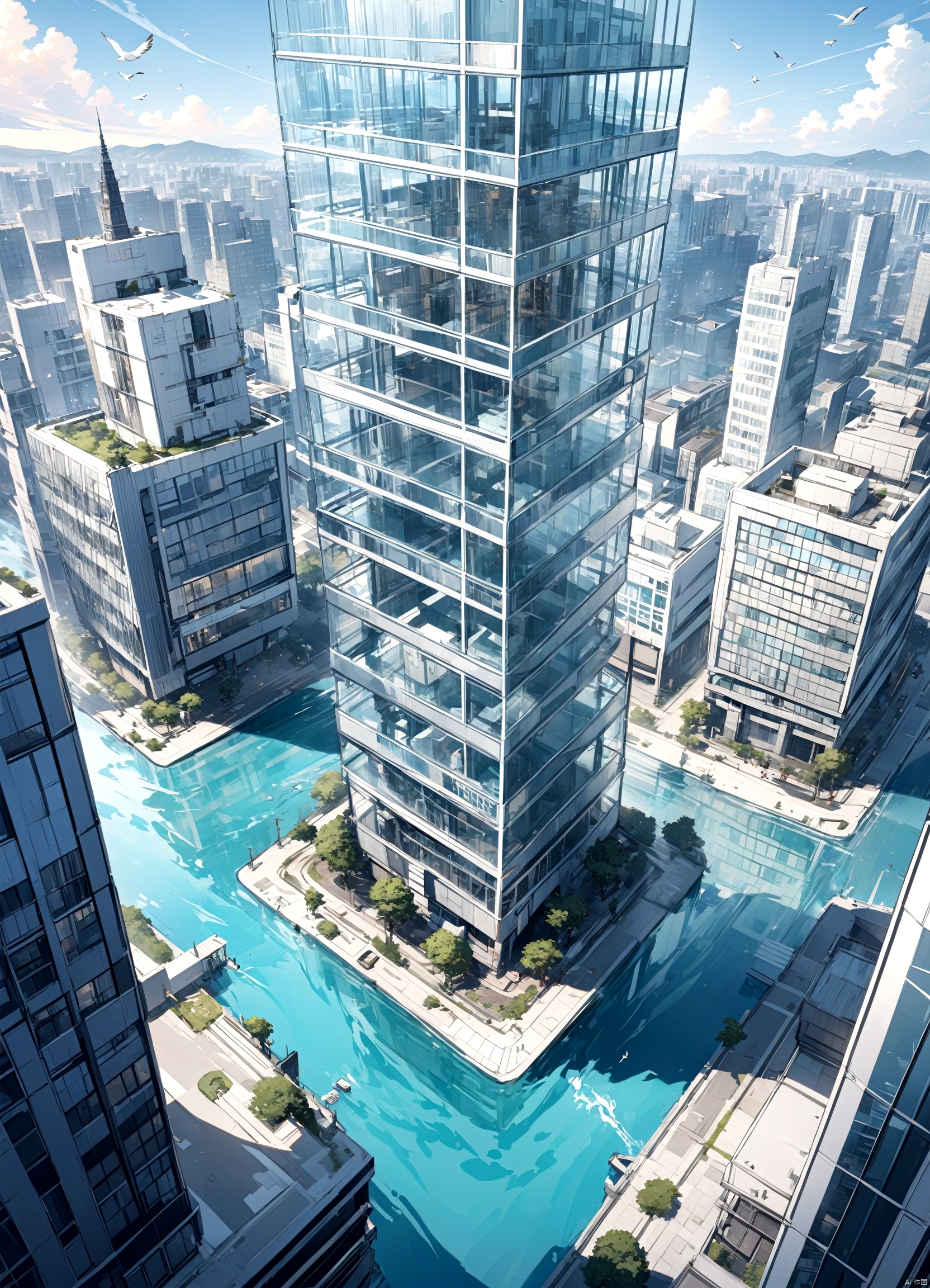  Bird's-eye view, high-definition, water surface, urban, commercial, tower, glass curtain wall, modern architecture