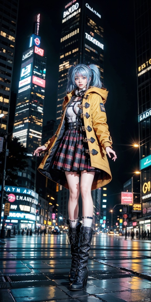  SSX,1girl,solo,skirt,long hair,twintails,coat,yellow coat,boots,blue hair,blue eyes,multicolored hair,socks,black footwear,looking at viewer,gradient hair,plaid skirt,pink hair,open coat,plaid,night,city,neon lights,building,scenery,outdoors,skyscraper,city lights,reflection,sky,cityscape,night sky,real world location,, (raw photo:1.2),((photorealistic:1.4))best quality,masterpiece,illustration,an extremely delicate and beautiful,extremely detailed,CG,unity,8k wallpaper,Amazing,finely detail,masterpiece,best quality,official art,extremely detailed CG unity 8k wallpaper,absurdres,incredibly absurdres,huge filesize,ultra-detailed,highres,extremely detailed,beautiful detailed girl,cinematic lighting,1girl,pale skin,tall female,(perfect body shape),skinny body,Slender legs,