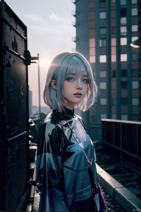  depressed, portrait of 1girl by Bill Henson, depressed, ruins, shadows, dramatic lighting, sunset, contemporary, dark, expressionism, dystopia, industrial,Half bodysliver gradient Short hair,(sliver hair:1.1),(light blue hair:1.1),(pink hair:1.2), hologram girl, ((poakl))