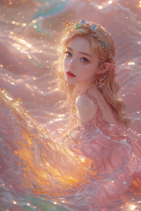  Illustrative style,1girl,front view,full body:1.4,young woman elf,cute cartoon character,She wore a garland of flowers on her head,Long blonde hair,blue eyes,vibrant colors,colorful,cute,adorable,intricately-detailed,delicate,beautiful,stunning,breathtaking,intricate detail,insanely high detail,volumetric lighting,fantasy background.flat,best quality,TT seecolor Flower field, Rainbow foil, hologram girl, Mermaid, eluosi