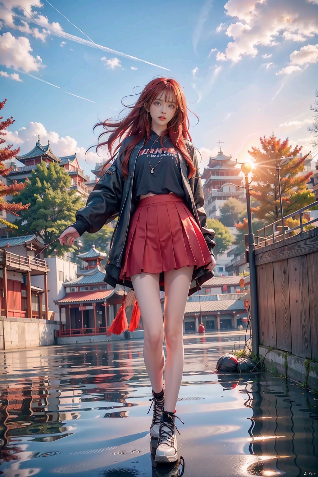  1 Girl, solo, red hair, blue eyes, glowing, glowing eyes,
Perfect body, pretty face with details, whole body, shoes, long eye browses, big, cut eyes, movie lights, Movie lights, strong contrast, high level of detail, best quality, masterpiece, white background, Chinese style, midjournal portal, lake surface, small boat, fallen leaves, autumn, military coat, sunset, sunset, sunset, red clouds, reflection, wangyushan