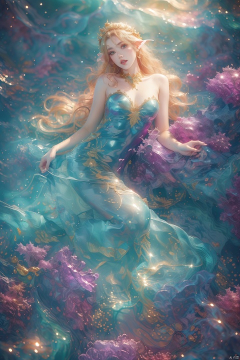  Illustrative style,1girl,front view,full body:1.4,young woman elf,cute cartoon character,She wore a garland of flowers on her head,Long blonde hair,blue eyes,vibrant colors,colorful,cute,adorable,intricately-detailed,delicate,beautiful,stunning,breathtaking,intricate detail,insanely high detail,volumetric lighting,fantasy background.flat,best quality,TT seecolor Flower field, Rainbow foil, hologram girl, Mermaid