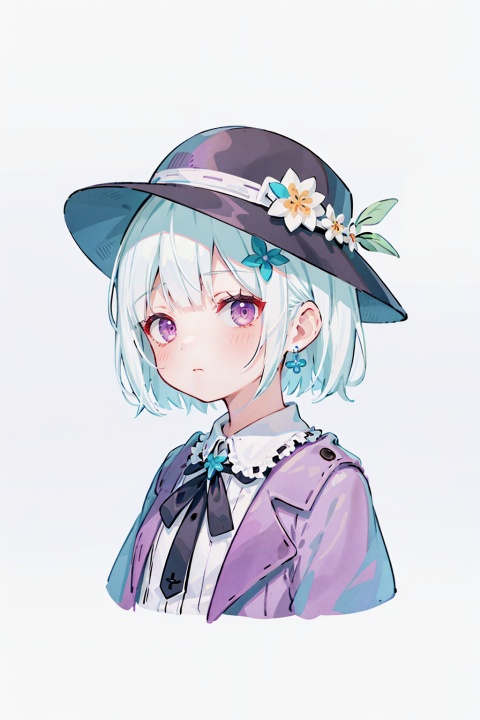  quality_best,style_onineko,(Distinct pupils)(Clear eyes),wizard hat,1girl,solo,c,earrings,looking at viewer,flower,short hair,bangs,closed mouth,simple background,black headwear,white background,red flower,upper body,white hair,hair intakes,frills,purple eyes,hair ornament,expressionless,hat flower,eyelashes,best quality, blank background