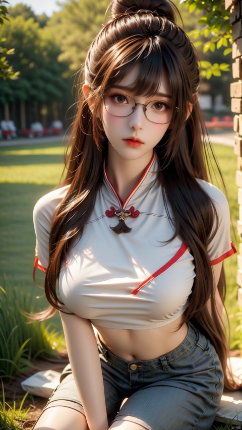 1girl, solo,classroom,(glasses:1) long hair, breasts, looking at viewer, brown hair, shirt, black hair, navel, full body, short sleeves, outdoors, midriff, pants, tree, kneeling, polka dot, building, realistic, photo background,(headset:1), xiaowu, ((poakl))