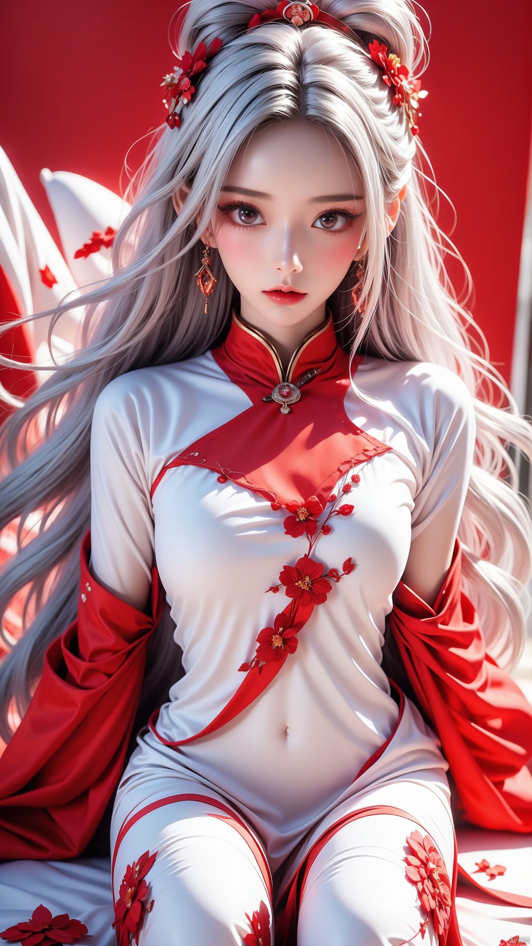  1girl, red eyes, white long translucent night gown, expressionless, (white hair), hair cover one eye, long hair, red hair flower, kneeling on lake, blood, (plenty of red petals:1.35), (white background:1.5), dofas, xiaoyixian