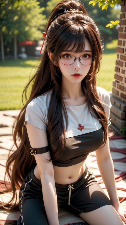 1girl, solo,classroom,(glasses:1) long hair, breasts, looking at viewer, brown hair, shirt, black hair, navel, full body, short sleeves, outdoors, midriff, pants, tree, kneeling, polka dot, building, realistic, photo background,(headset:1), xiaowu, ((poakl))