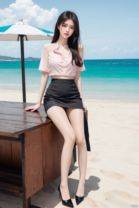  plns,1girl,exquisite facial,pretty,charming eyes,amazing eyes,asian,black skirt,pink shirt,black long wave hair,(nude pantyhose),bare_feet,charming smile,(very white skin),high_heels,Blue sky and white clouds, sunny and shining,full shot,dimly lit,in beach,masterpiece,photorealistic,best quality,highly detailed,highres,plsw, red panties, jujingyi